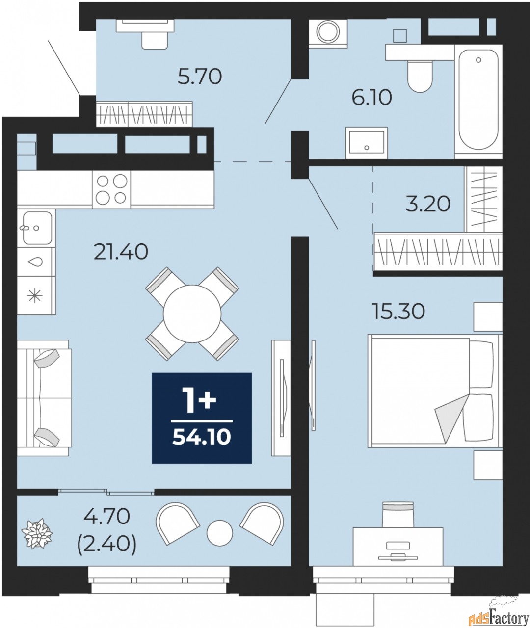 1 - комн. квартира, 54.1 м², 22/24 эт.