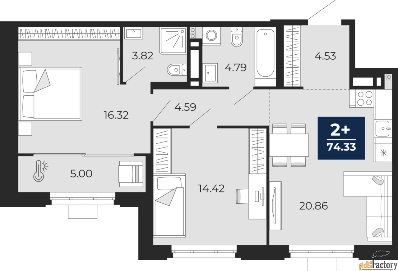 2 - комн. квартира, 68.76 м², 7/12 эт.