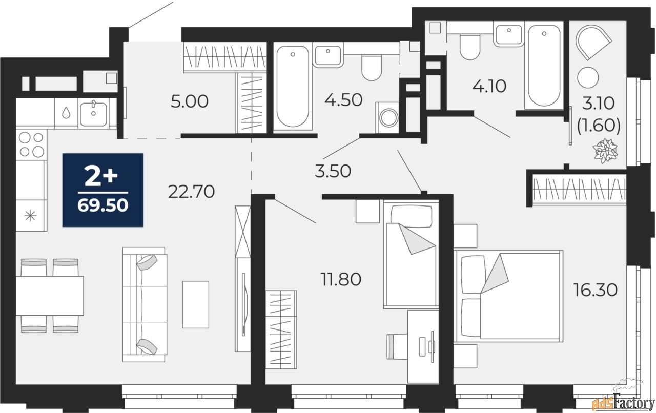 2 - комн. квартира, 91.43 м², 2/14 эт.