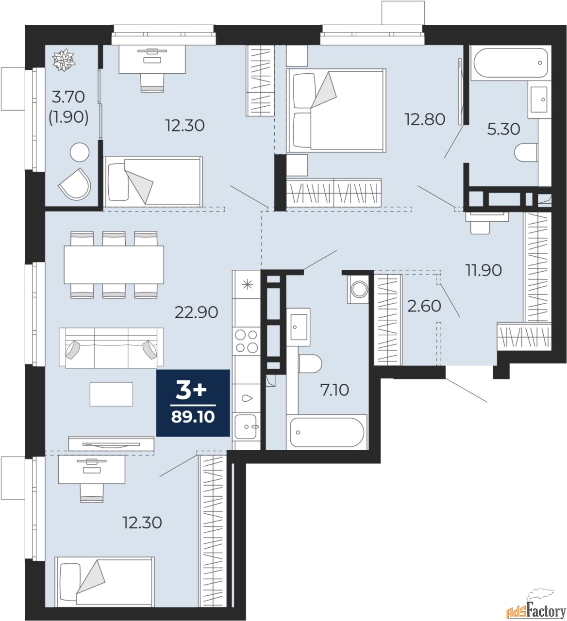 3 - комн. квартира, 100.67 м², 2/12 эт.