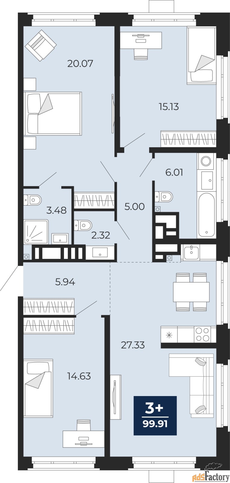 3 - комн. квартира, 104.77 м², 3/18 эт.