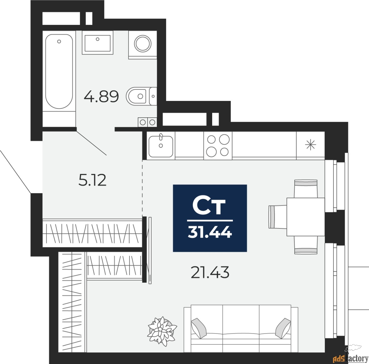1 - комн. квартира, 35.63 м², 2/4 эт.