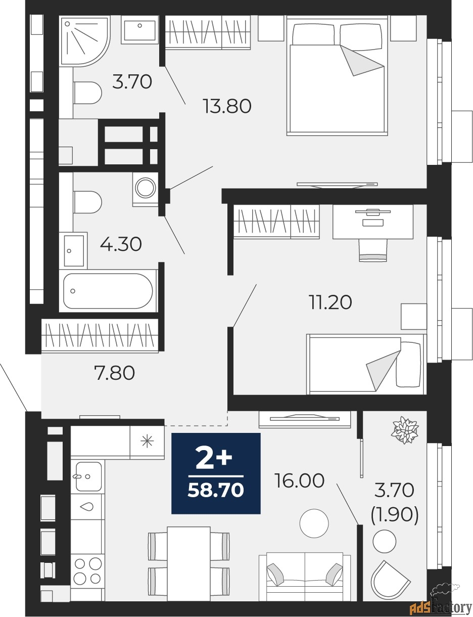 2 - комн. квартира, 58.7 м², 14/18 эт.