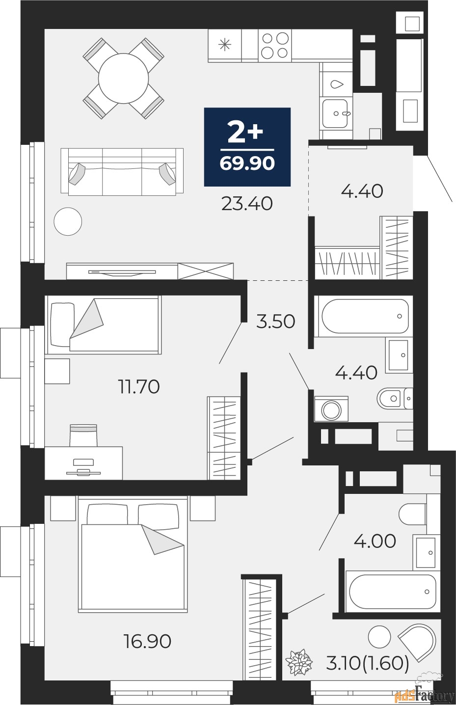 2 - комн. квартира, 69.9 м², 7/18 эт.