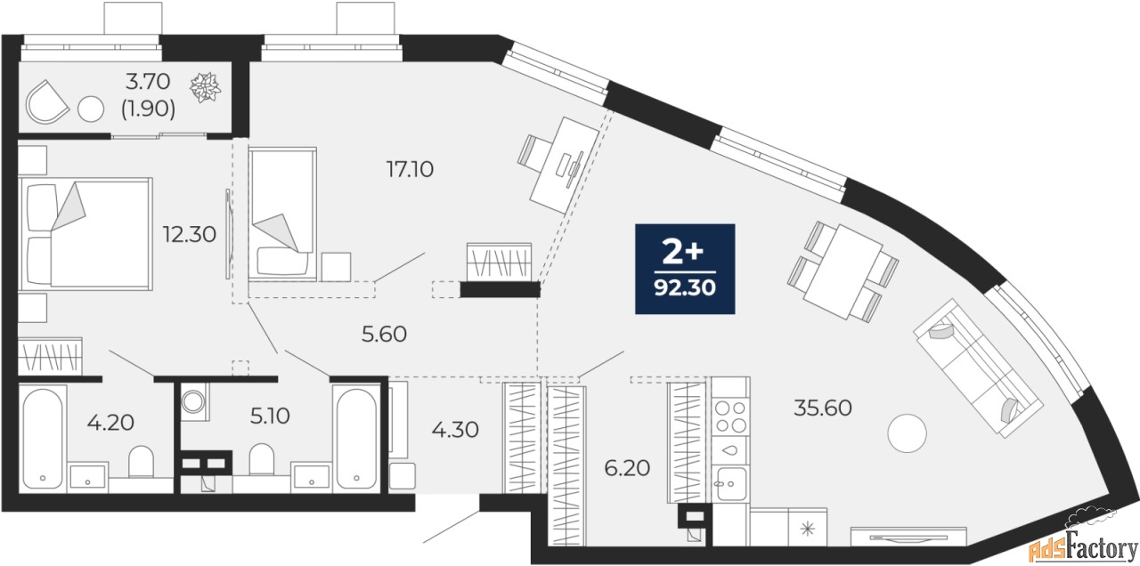2 - комн. квартира, 82.9 м², 2/18 эт.