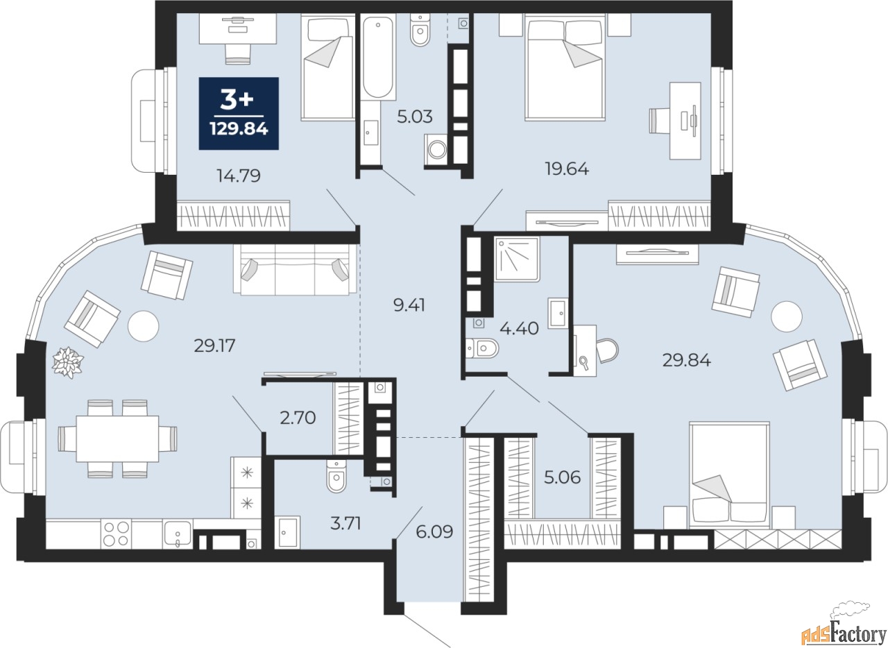 3 - комн. квартира, 104.77 м², 6/18 эт.