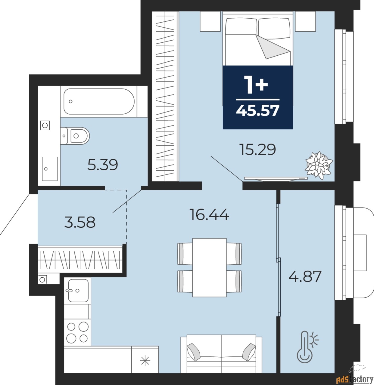 1 - комн. квартира, 45.57 м², 2/14 эт.