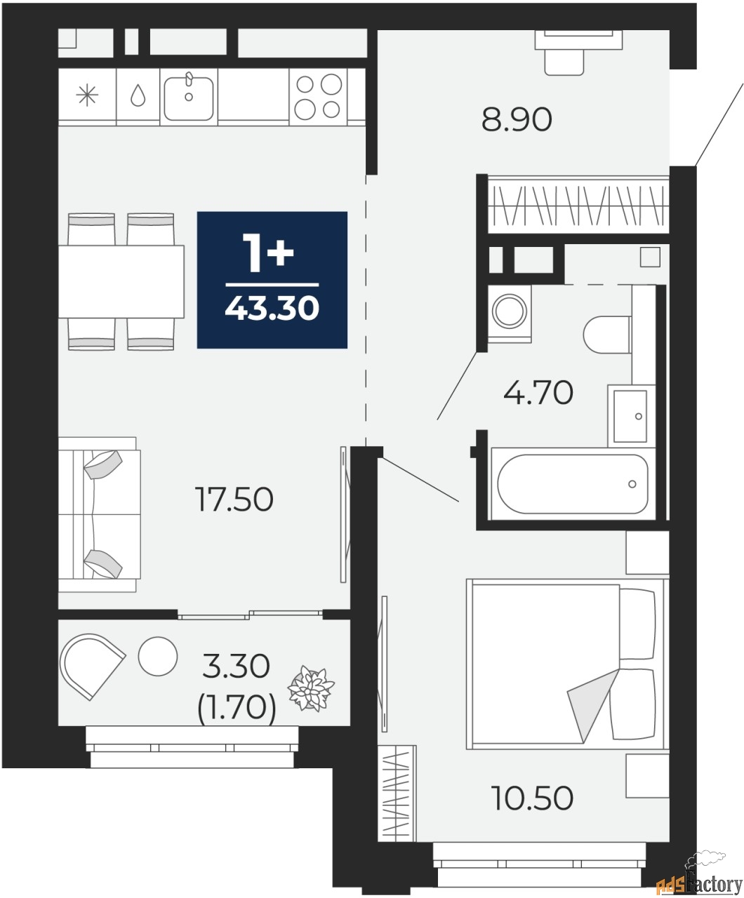 1 - комн. квартира, 43.3 м², 6/24 эт.