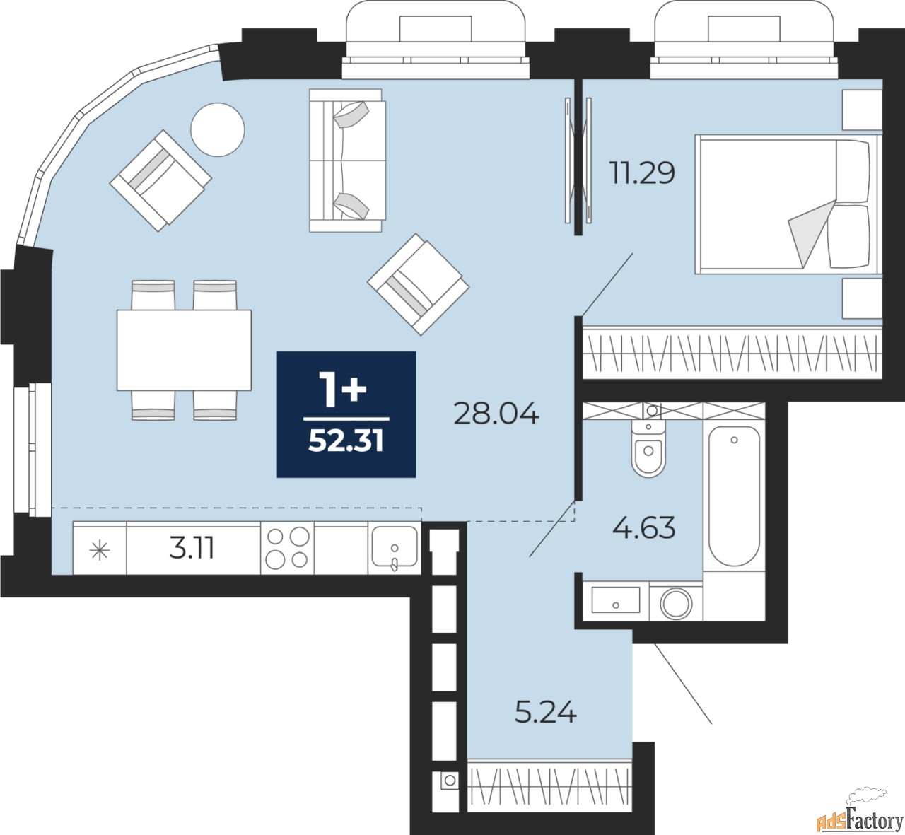 2 - комн. квартира, 52.31 м², 7/24 эт.