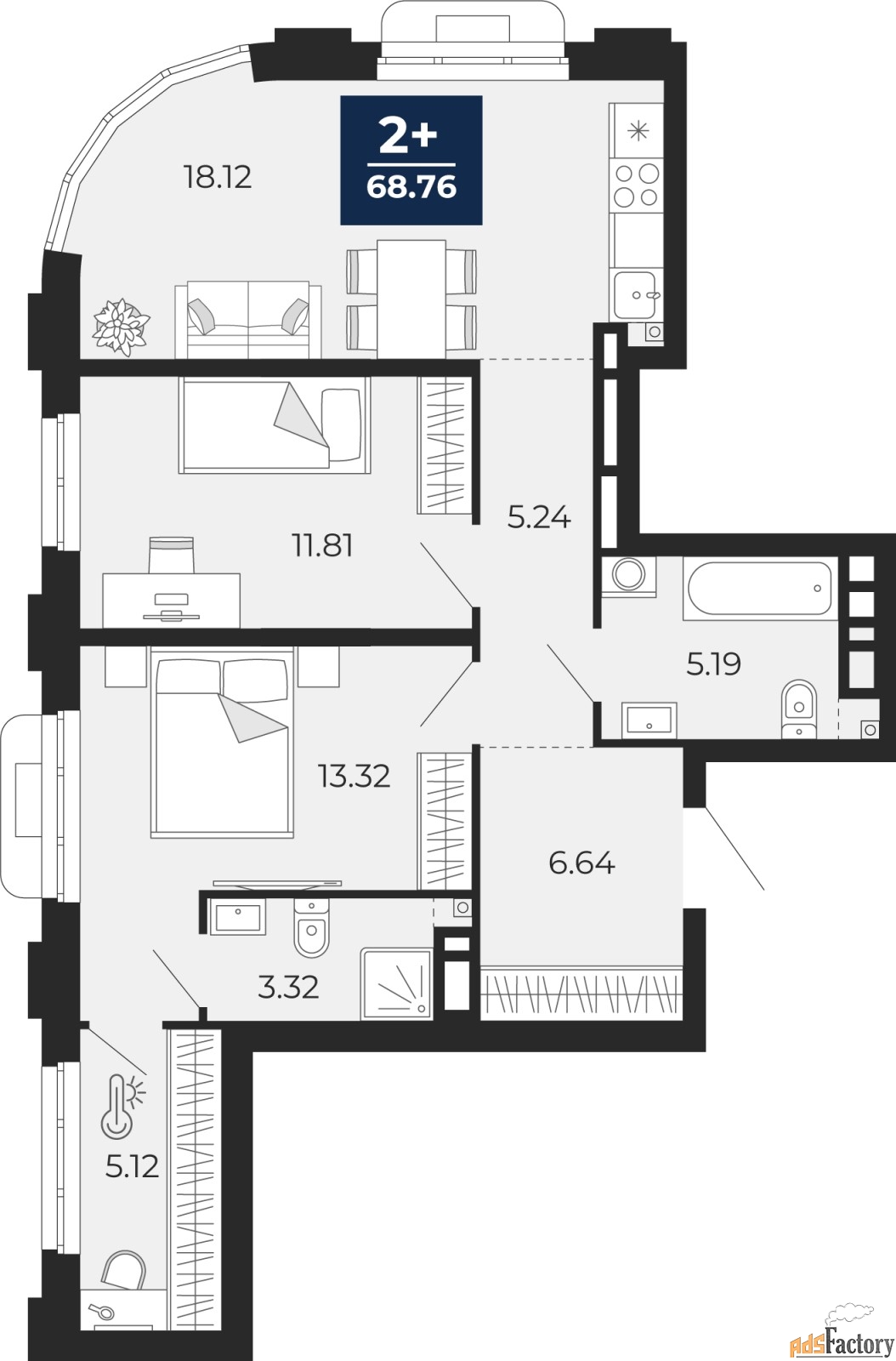 2 - комн. квартира, 68.76 м², 3/12 эт.