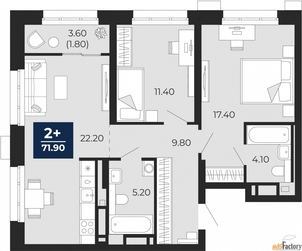2 - комн. квартира, 71.9 м², 20/24 эт.