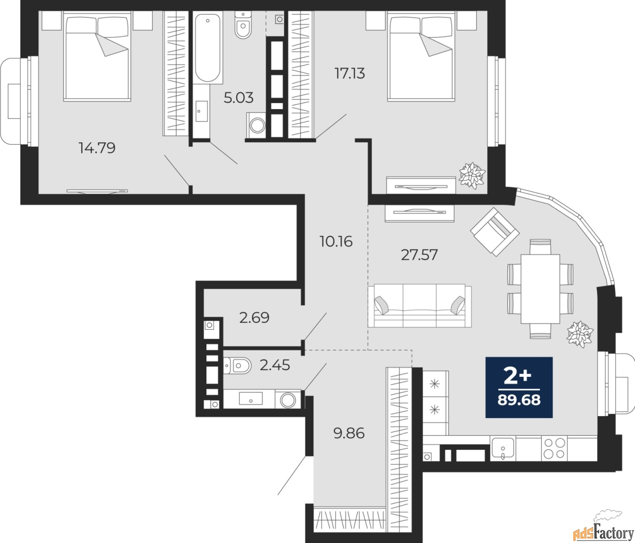 2 - комн. квартира, 89.68 м², 3/14 эт.