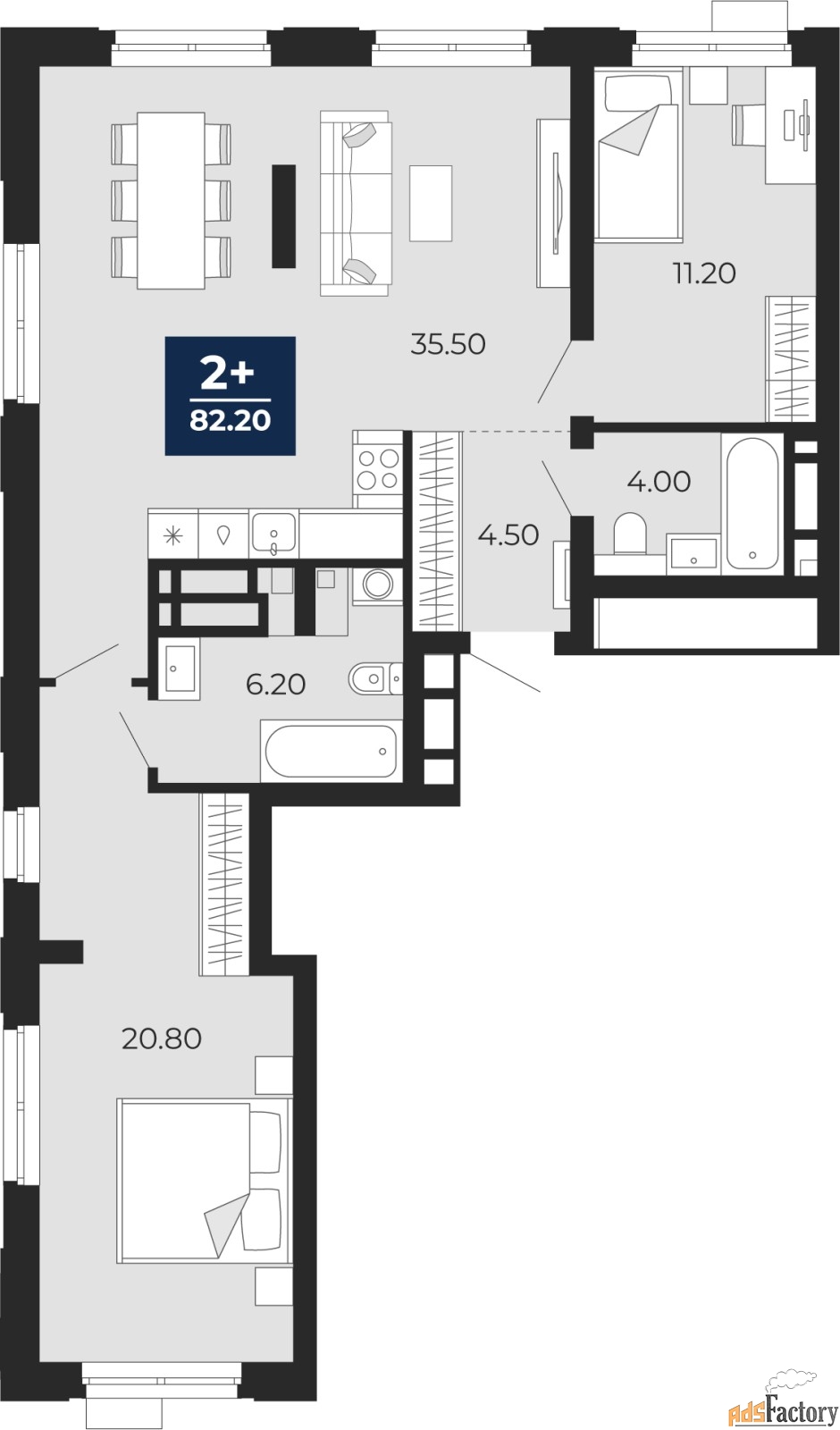 2 - комн. квартира, 82.2 м², 18/20 эт.
