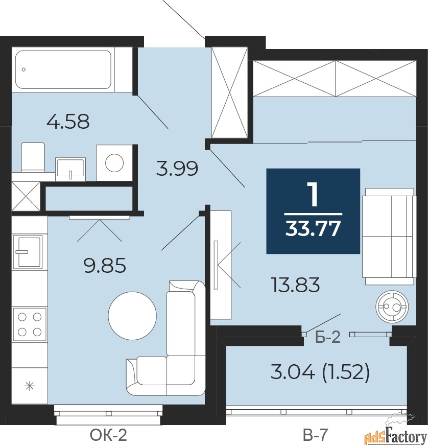 1 - комн. квартира, 33.77 м², 4/17 эт.