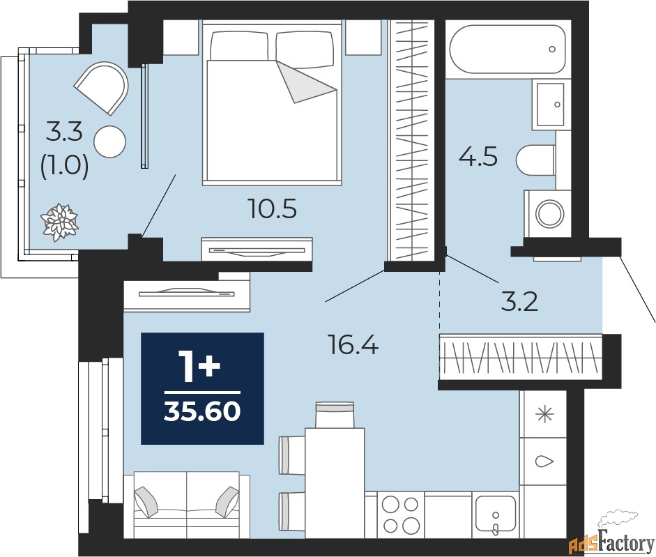1 - комн. квартира, 35.6 м², 9/14 эт.