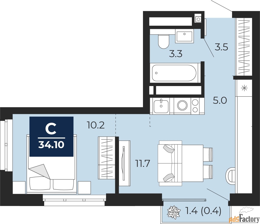 1 - комн. квартира, 34.1 м², 15/18 эт.
