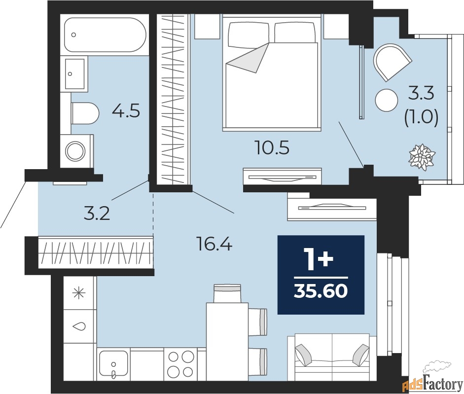 1 - комн. квартира, 35.6 м², 11/16 эт.