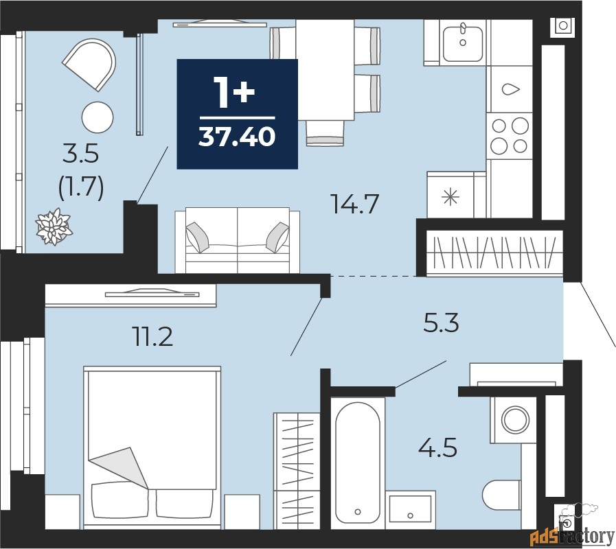 1 - комн. квартира, 37.4 м², 7/16 эт.