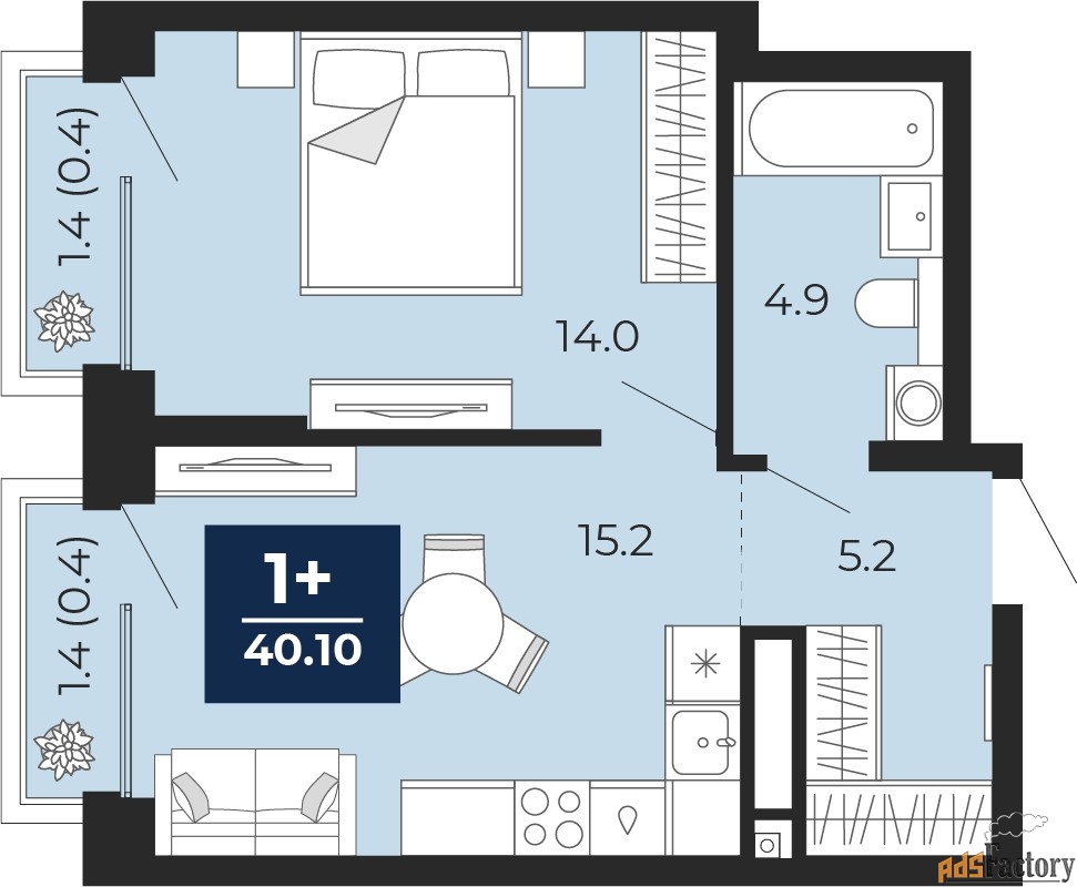 1 - комн. квартира, 40.1 м², 4/16 эт.