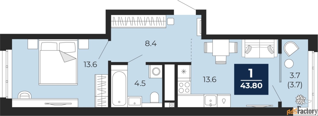 1 - комн. квартира, 43.8 м², 15/16 эт.