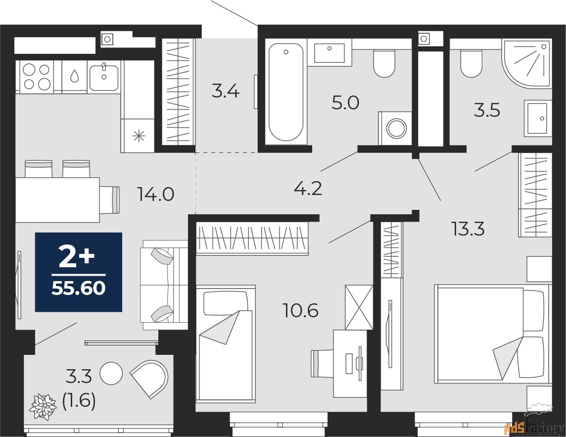 2 - комн. квартира, 55.6 м², 13/16 эт.