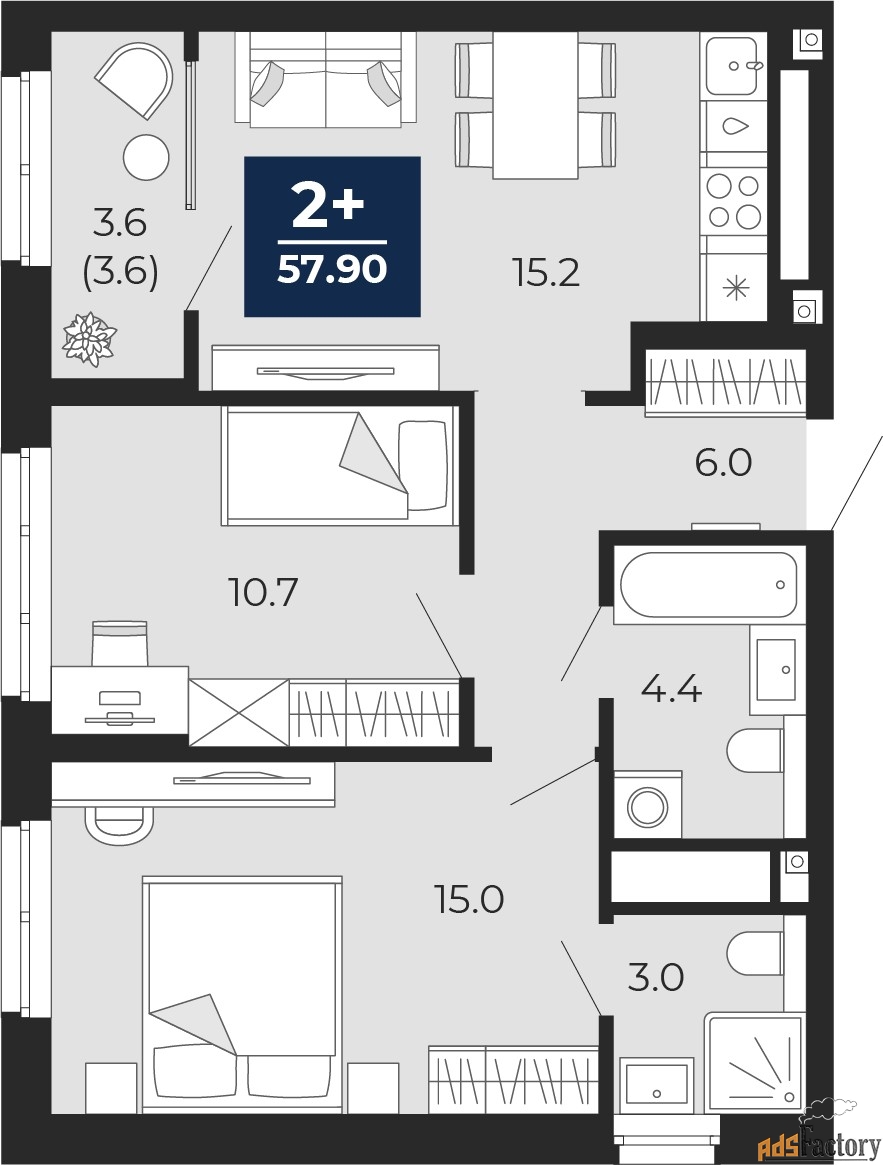 2 - комн. квартира, 57.9 м², 9/16 эт.