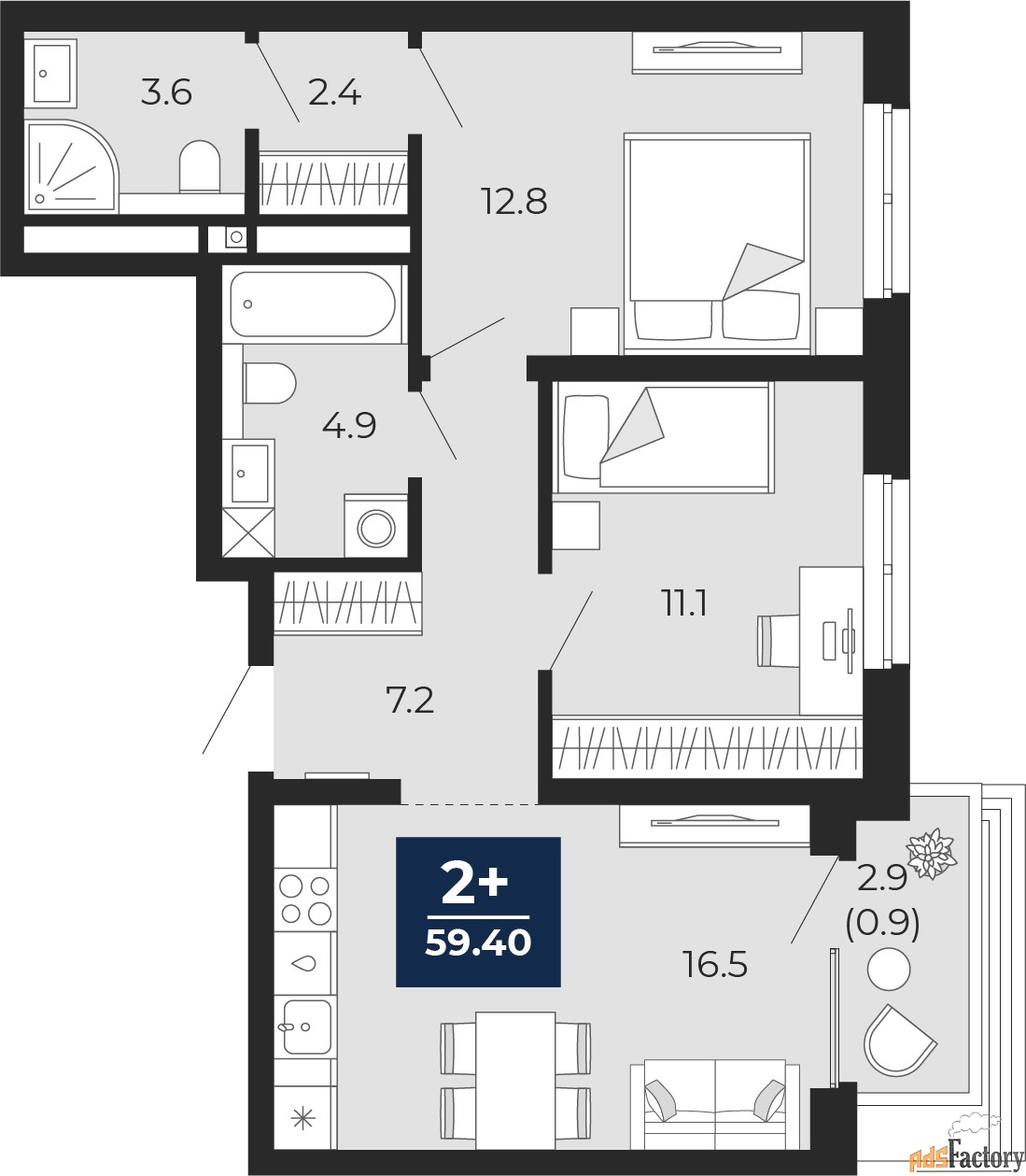2 - комн. квартира, 59.4 м², 13/16 эт.