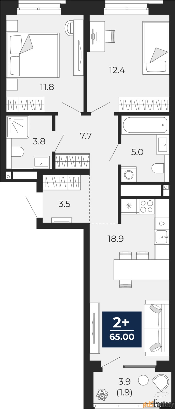 2 - комн. квартира, 65 м², 2/16 эт.