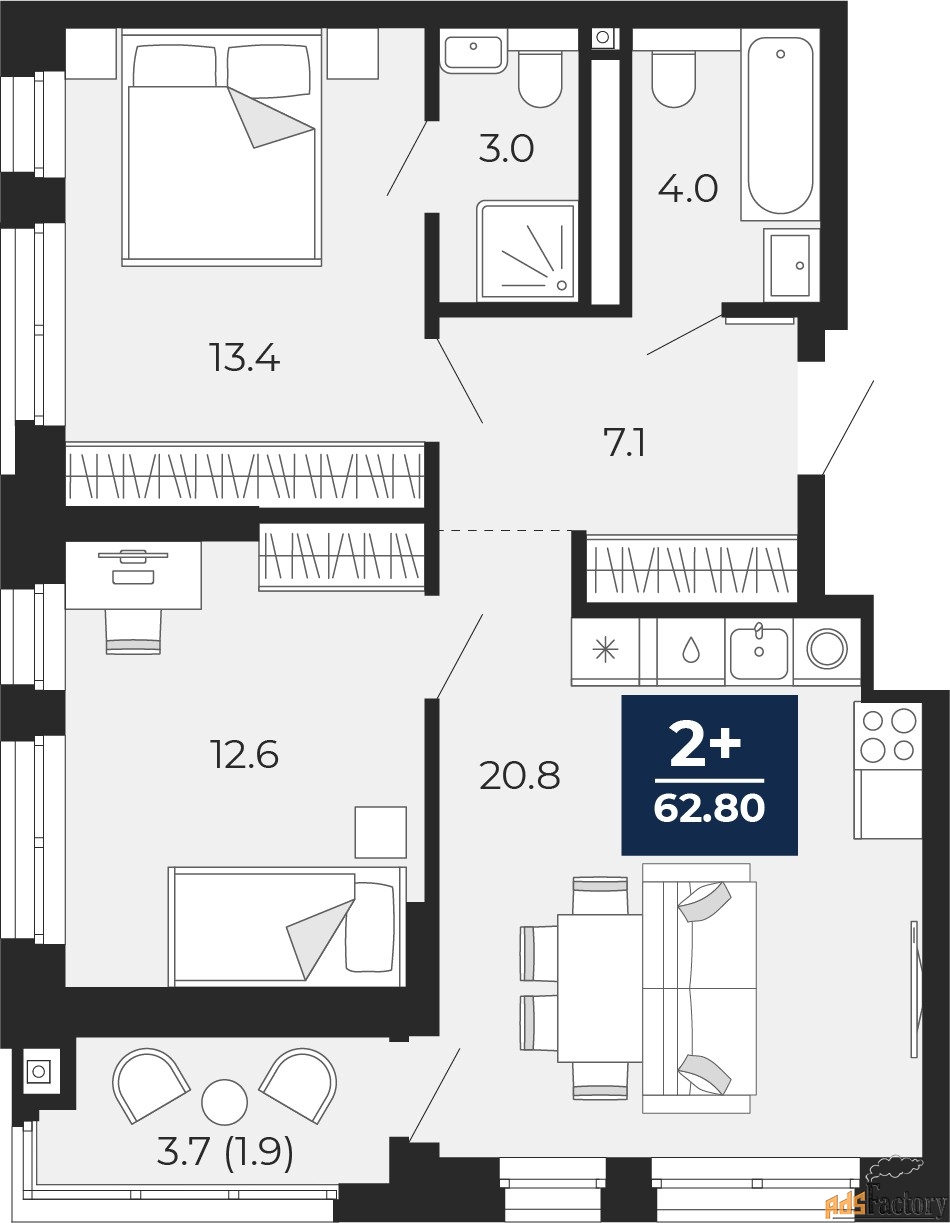 2 - комн. квартира, 62.8 м², 9/16 эт.