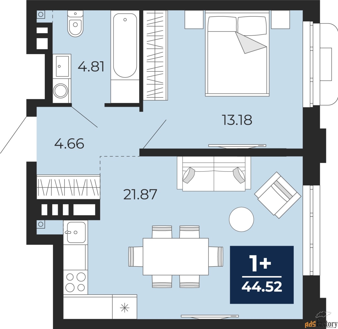 1 - комн. квартира, 44.52 м², 3/12 эт.