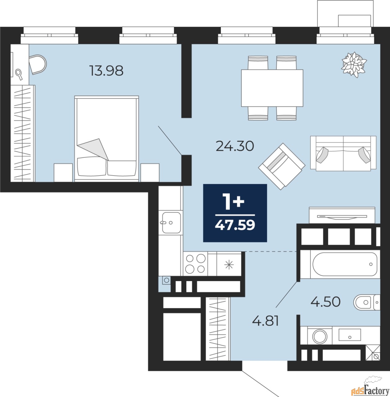1 - комн. квартира, 47.59 м², 13/18 эт.