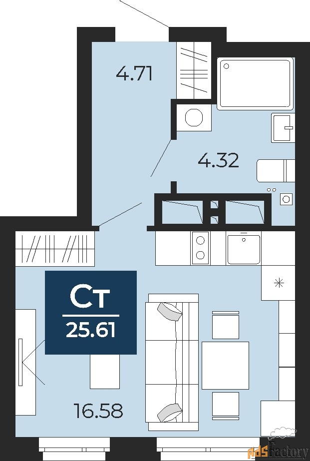 1 - комн. квартира, 25.61 м², 24/24 эт.