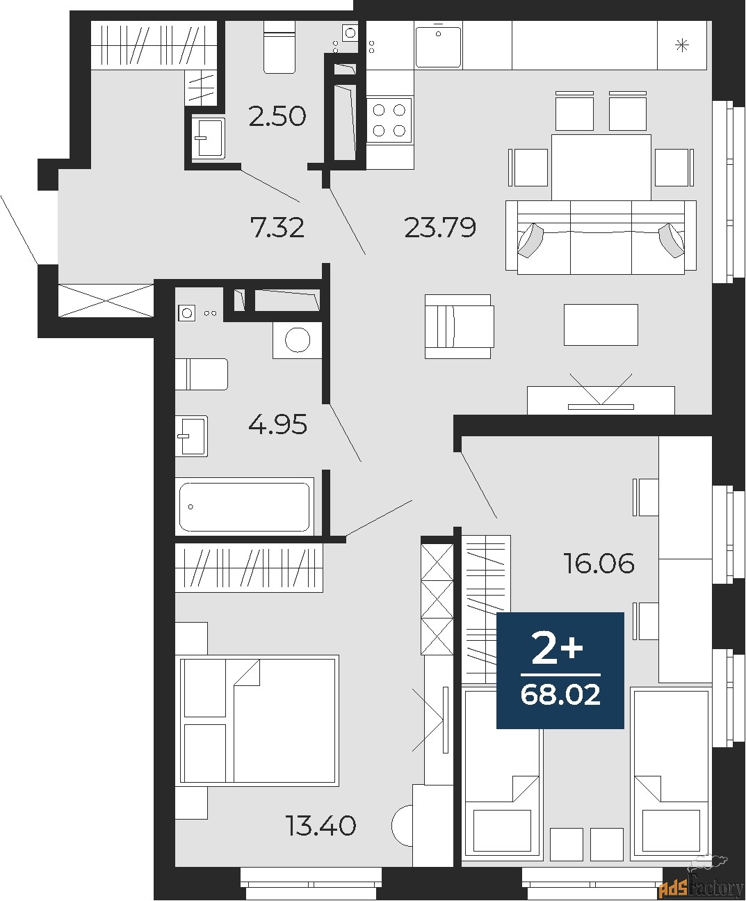 2 - комн. квартира, 68.02 м², 13/24 эт.