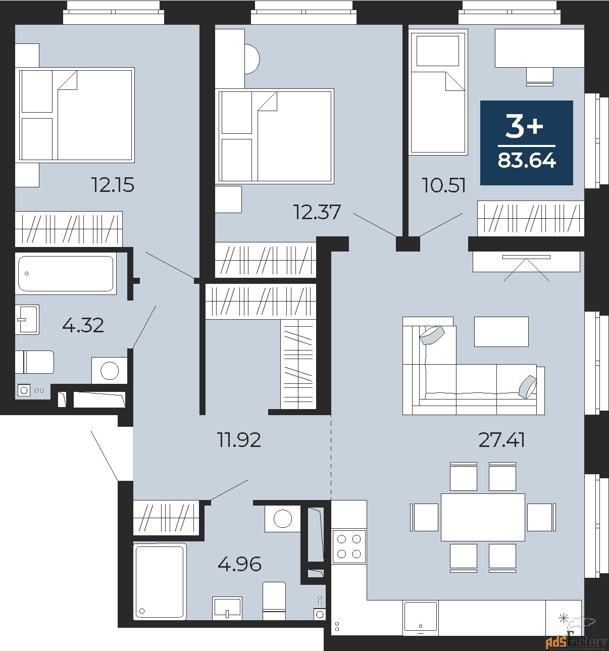 3 - комн. квартира, 83.64 м², 20/24 эт.