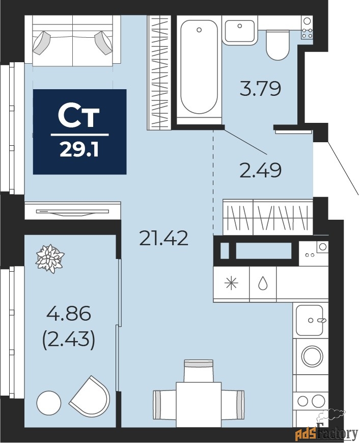 1 - комн. квартира, 29.1 м², 2/22 эт.