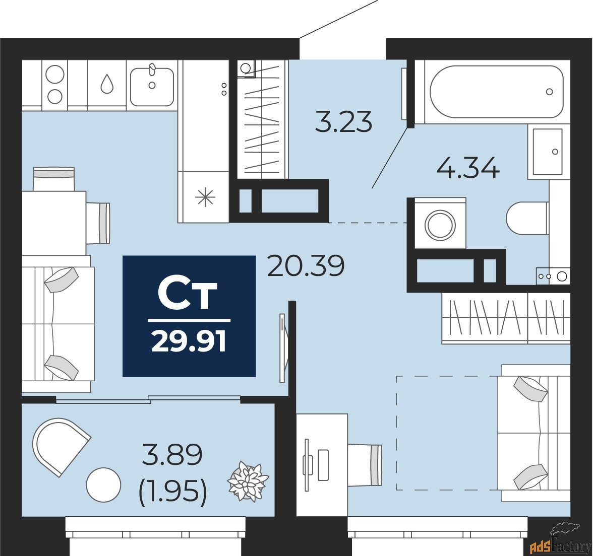 1 - комн. квартира, 29.91 м², 4/22 эт.