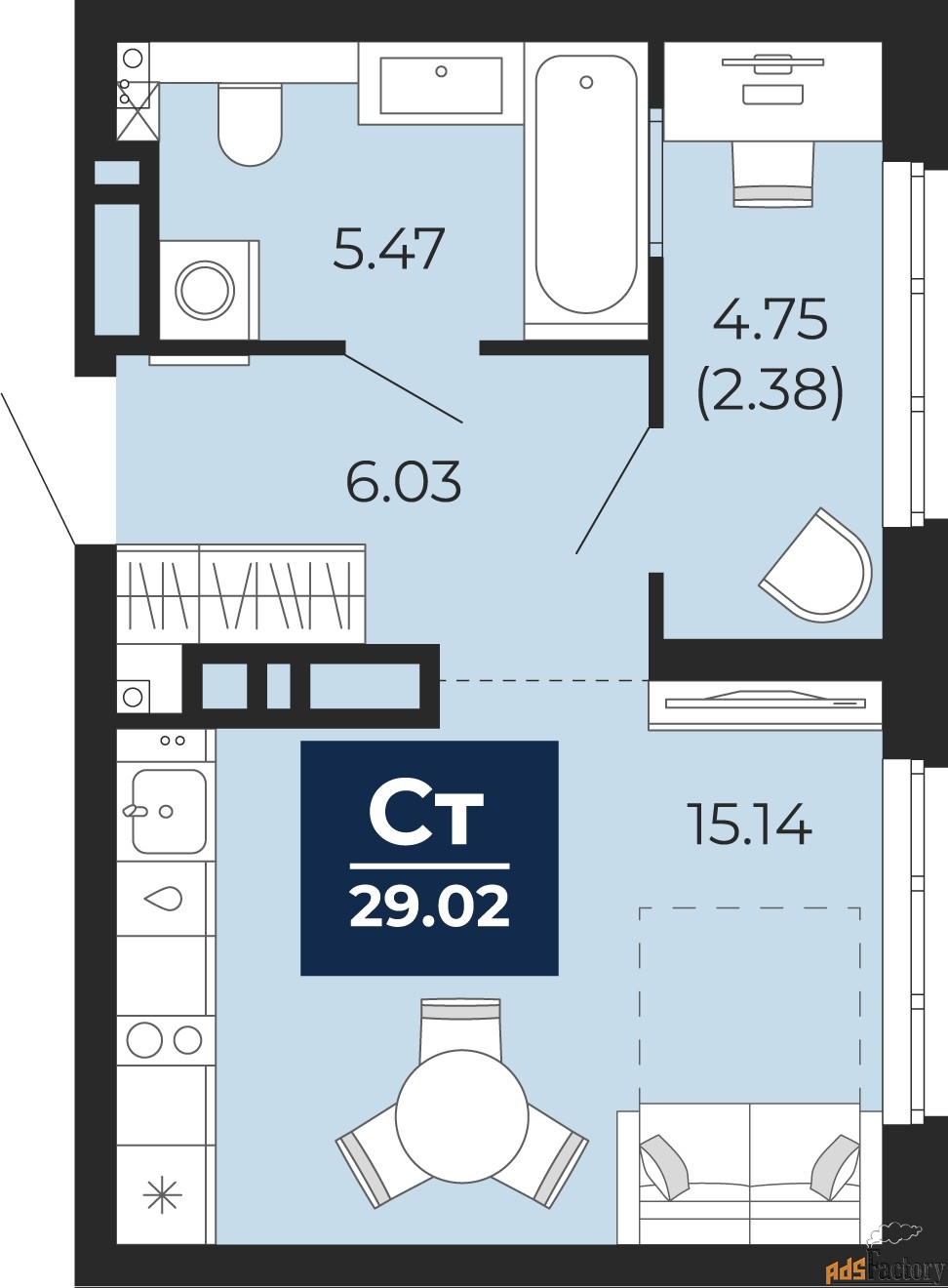 1 - комн. квартира, 29.02 м², 11/21 эт.