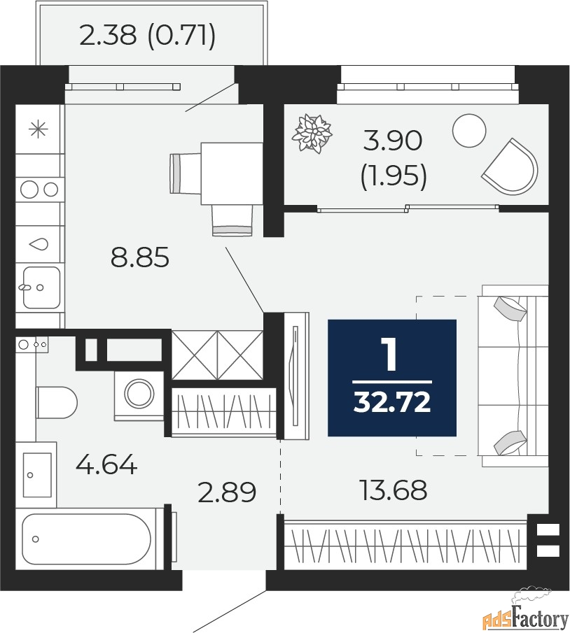 1 - комн. квартира, 32.72 м², 15/16 эт.