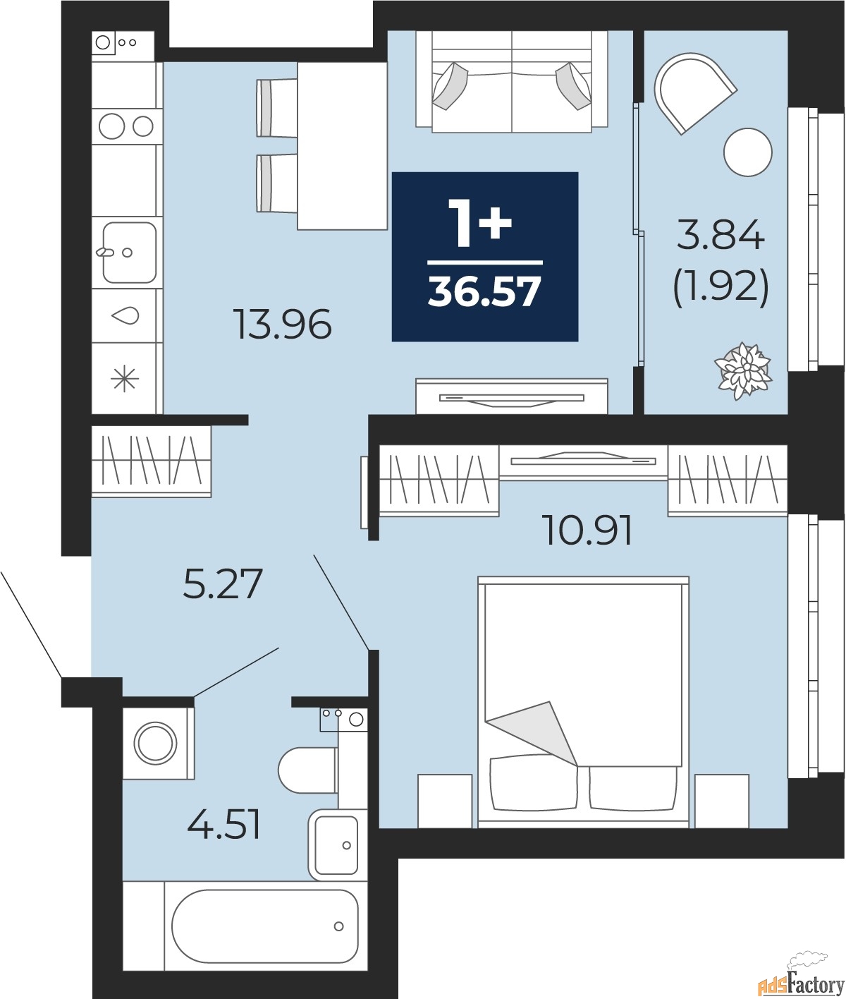 1 - комн. квартира, 36.57 м², 20/21 эт.