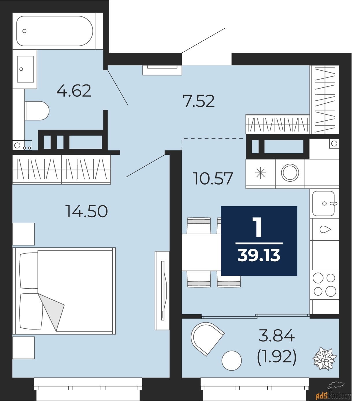 1 - комн. квартира, 39.13 м², 5/21 эт.