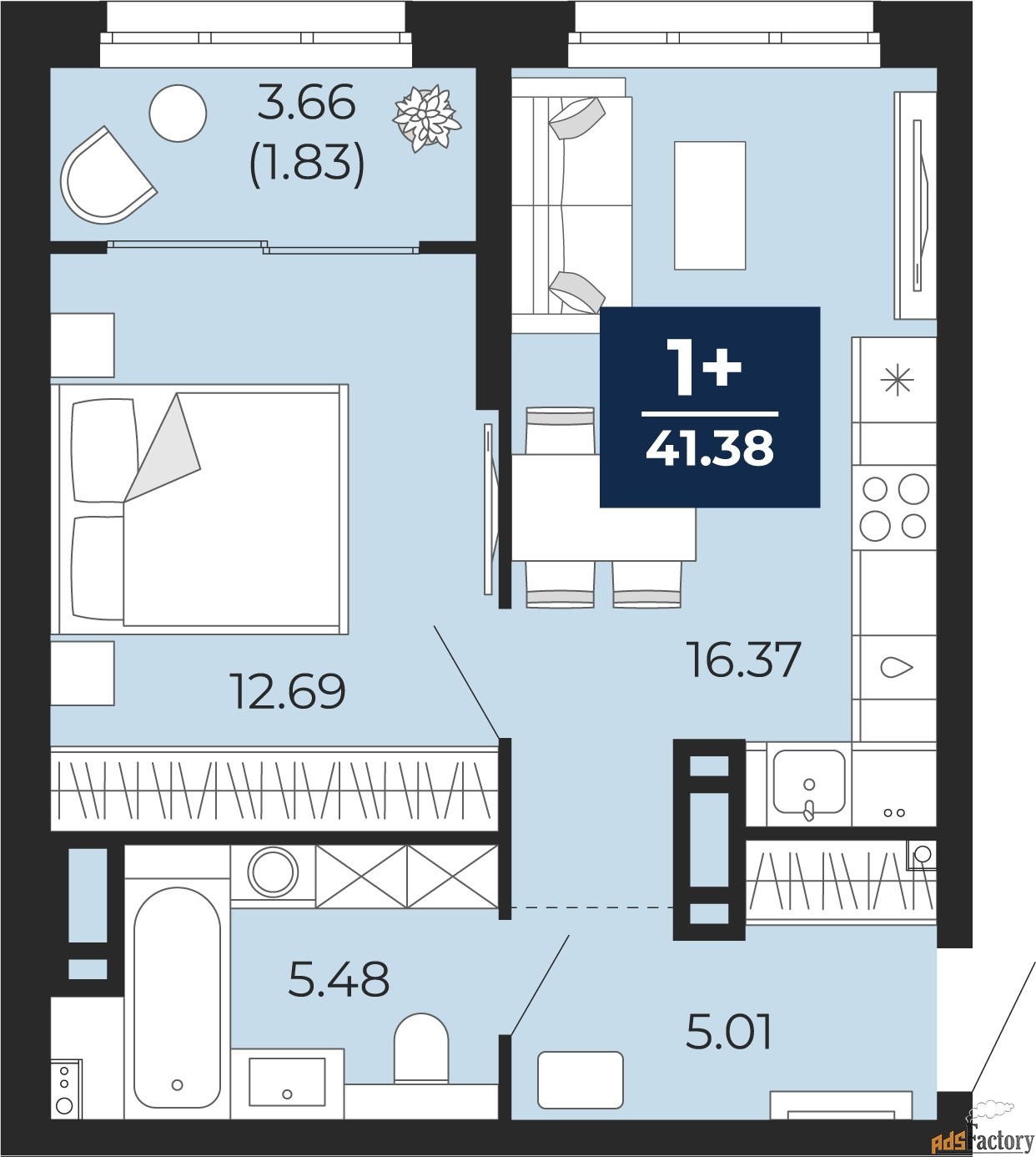 1 - комн. квартира, 41.38 м², 5/9 эт.