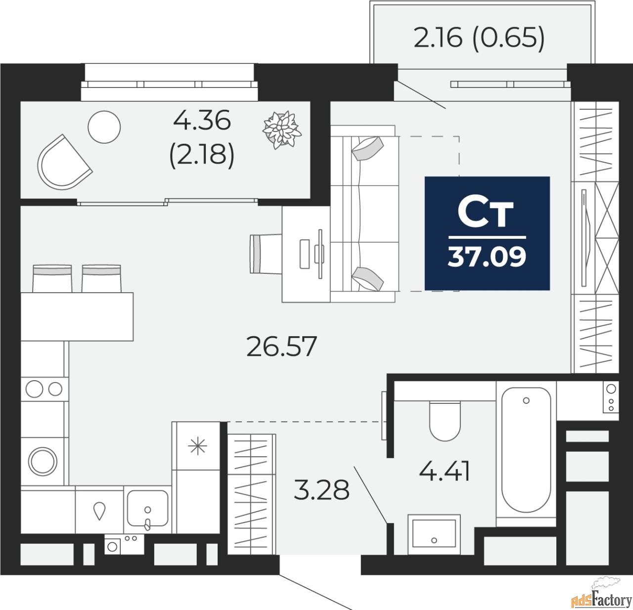 1 - комн. квартира, 37.09 м², 9/9 эт.