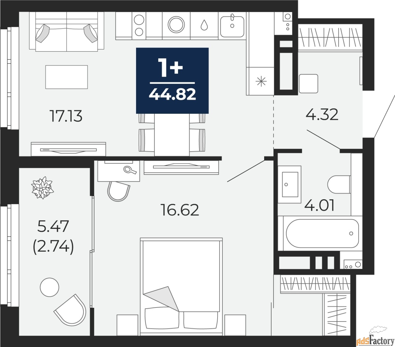 1 - комн. квартира, 44.82 м², 7/21 эт.