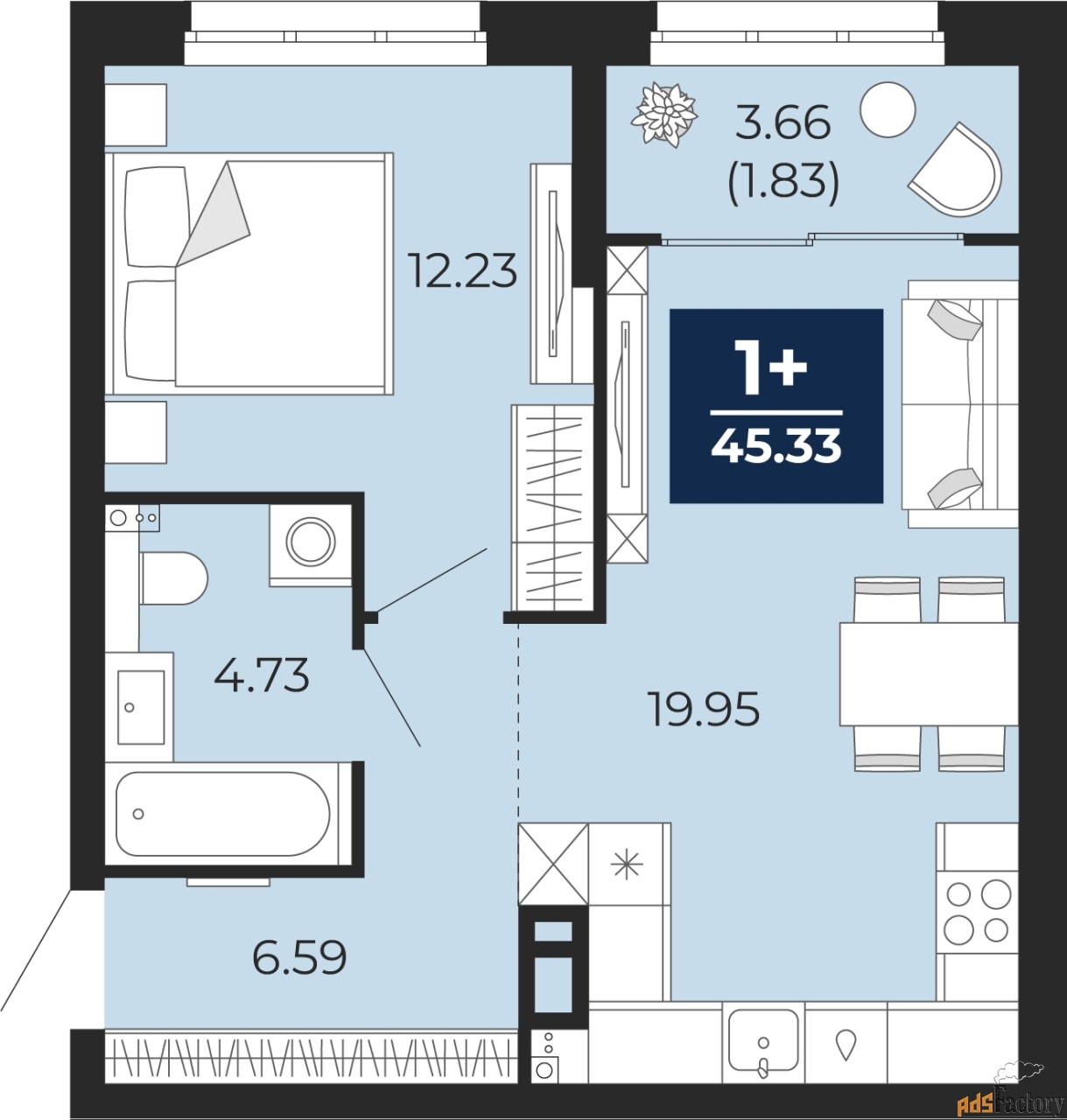 1 - комн. квартира, 45.33 м², 2/16 эт.