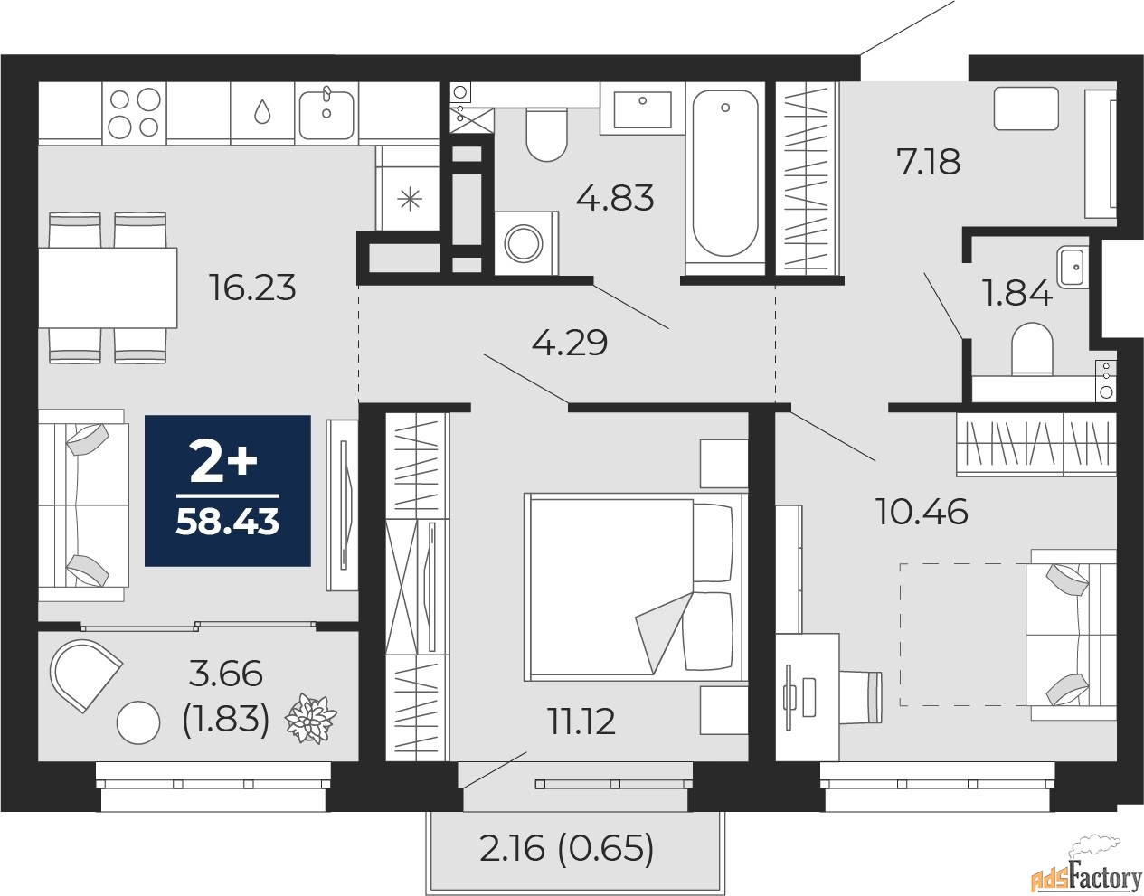 2 - комн. квартира, 58.43 м², 2/16 эт.