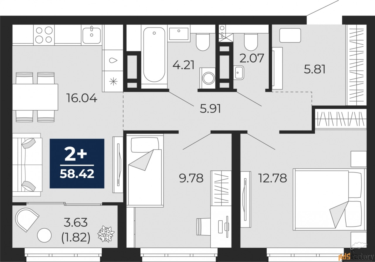 2 - комн. квартира, 58.42 м², 4/9 эт.