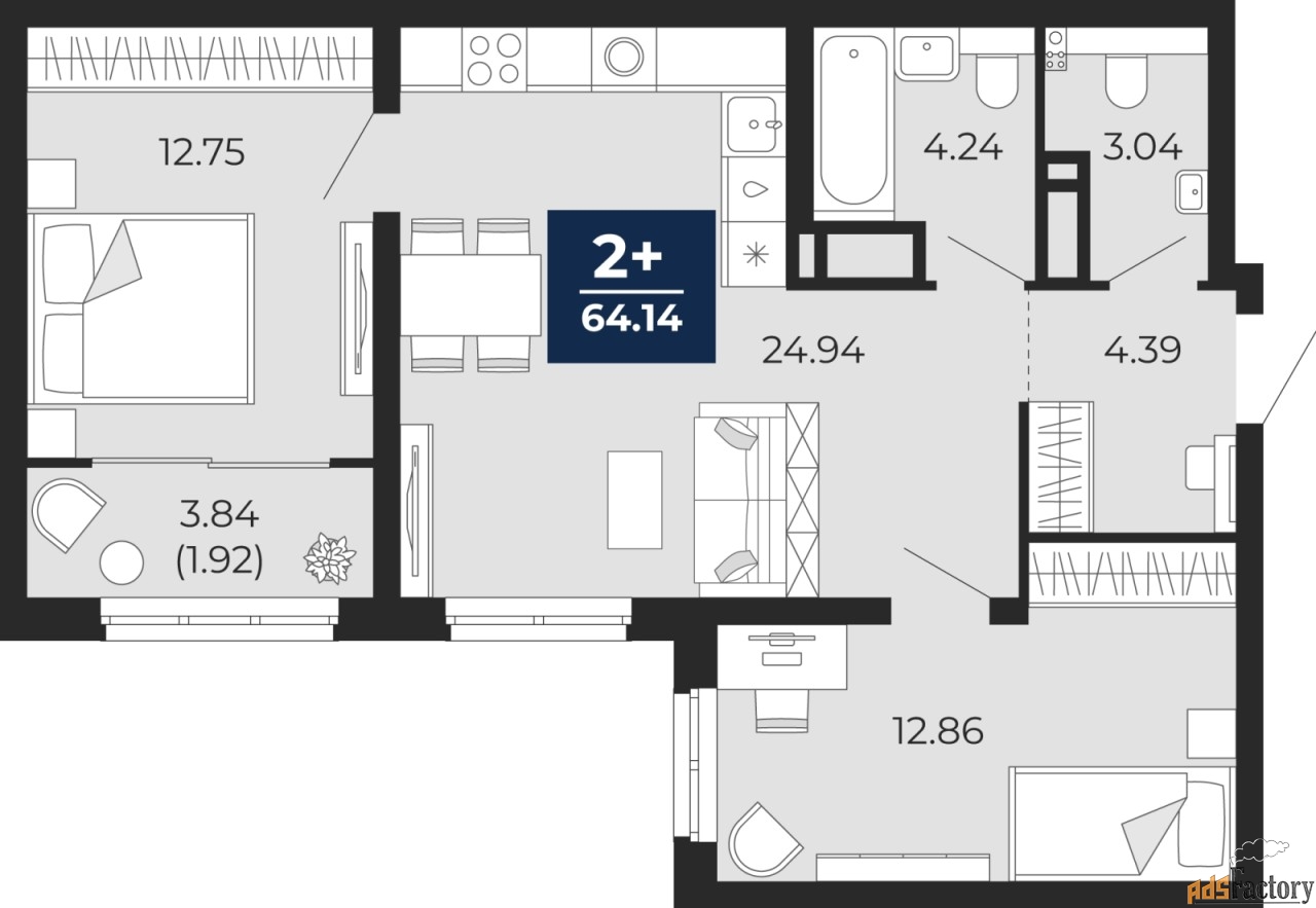 2 - комн. квартира, 64.14 м², 4/22 эт.