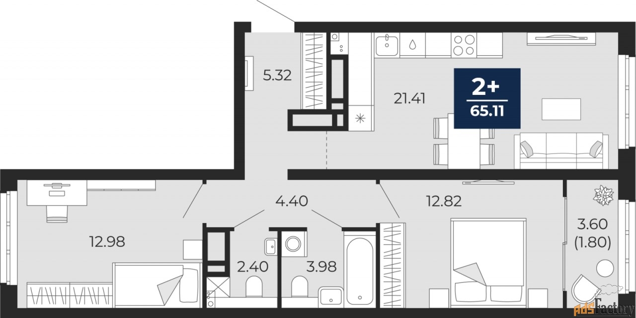 2 - комн. квартира, 65.11 м², 22/22 эт.