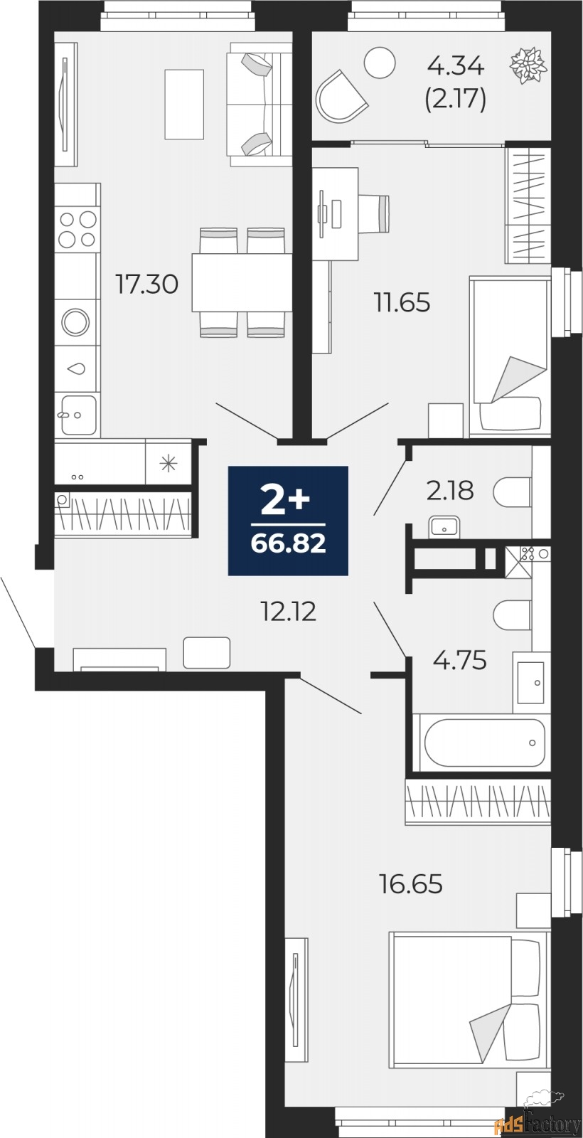 2 - комн. квартира, 66.82 м², 3/21 эт.
