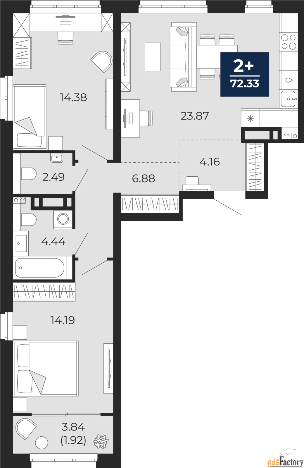 2 - комн. квартира, 72.33 м², 21/21 эт.